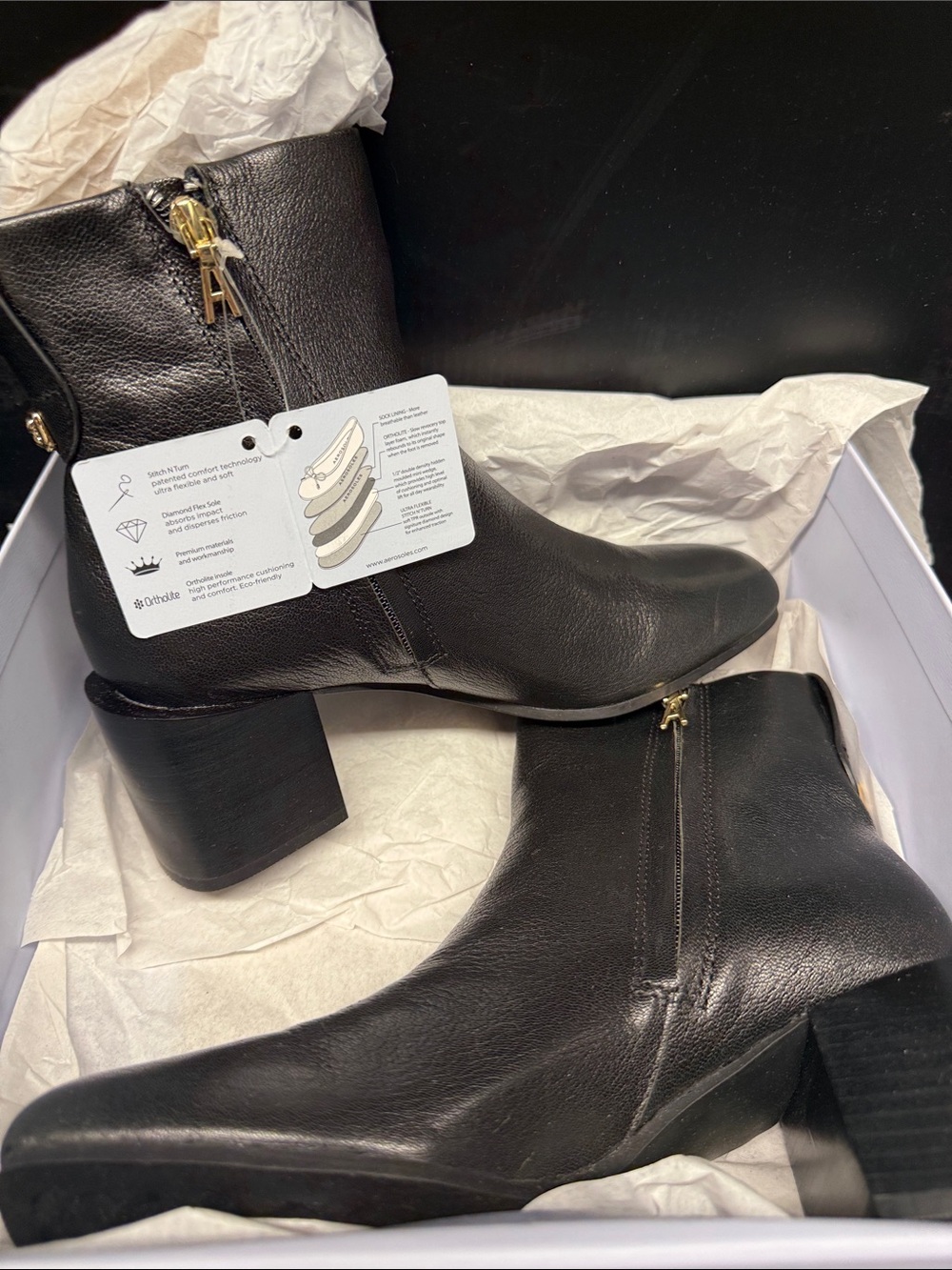 AEROSOLES Black Leather Ankle Boots with Block Heel SZ 7M NWT